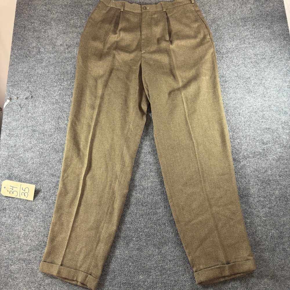 Perry Ellis Dress Pants Mens 36x34 Brown Wool Blend Tweed Pleated Cuffed Ankle